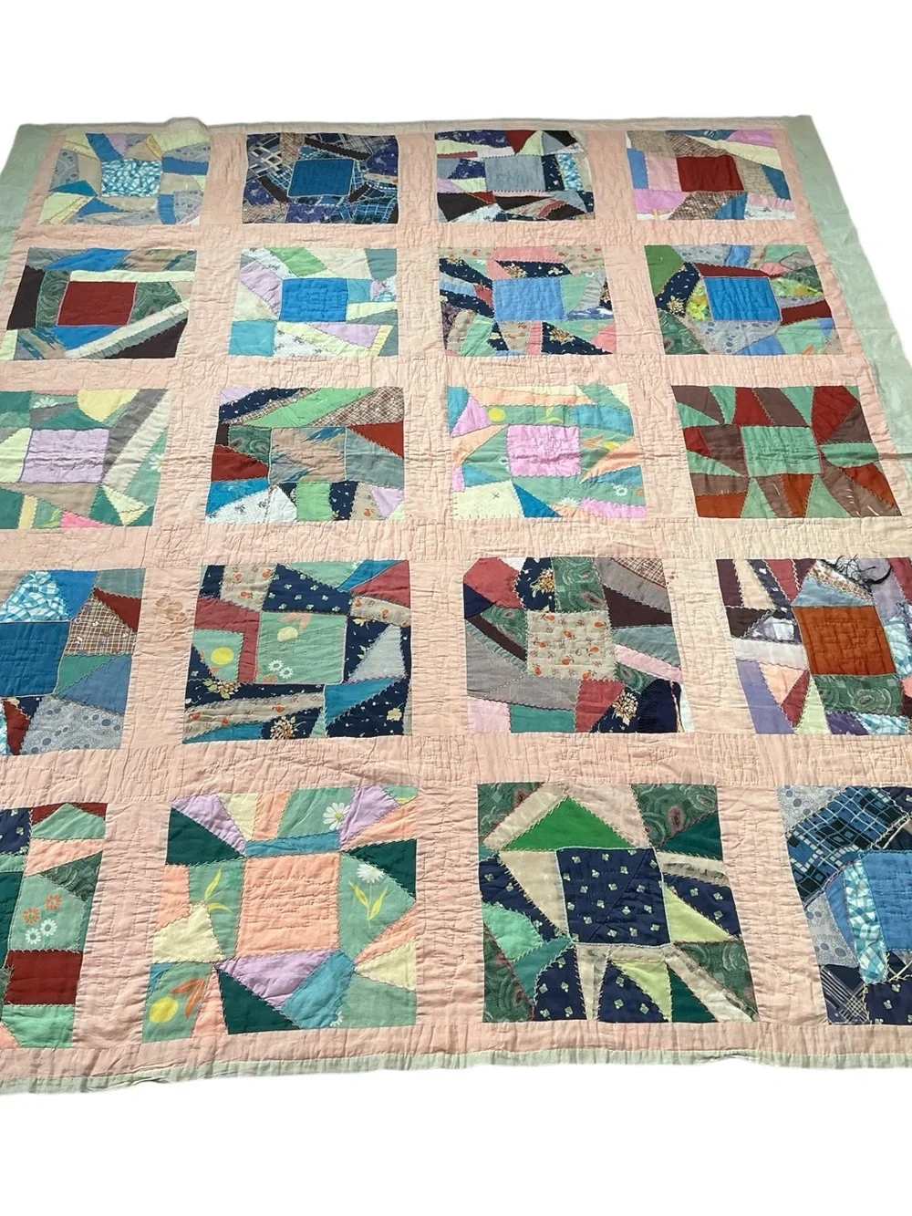 Vintage hand stitched 1930s patchwork crazy quilt 72 x 85 USA made